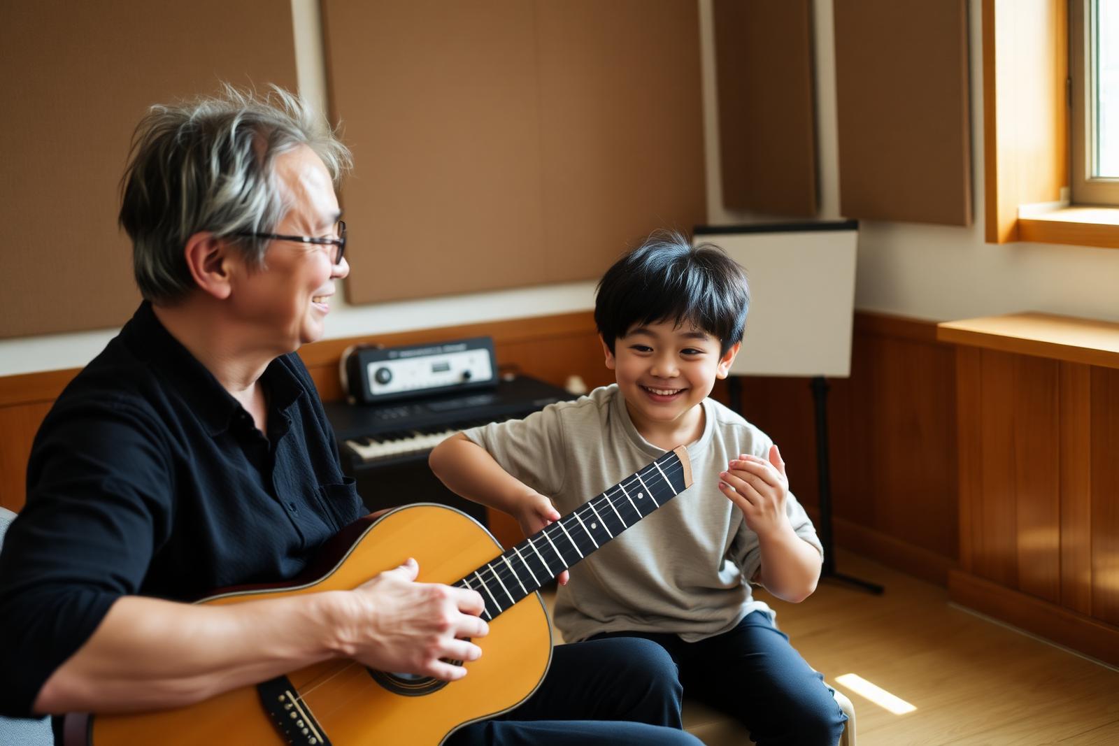 Music teacher giving a guitar lesson to a young student