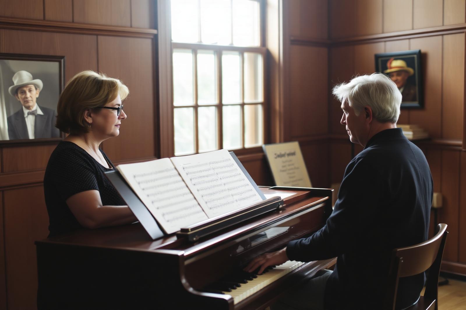 Piano teacher and student at an upright piano