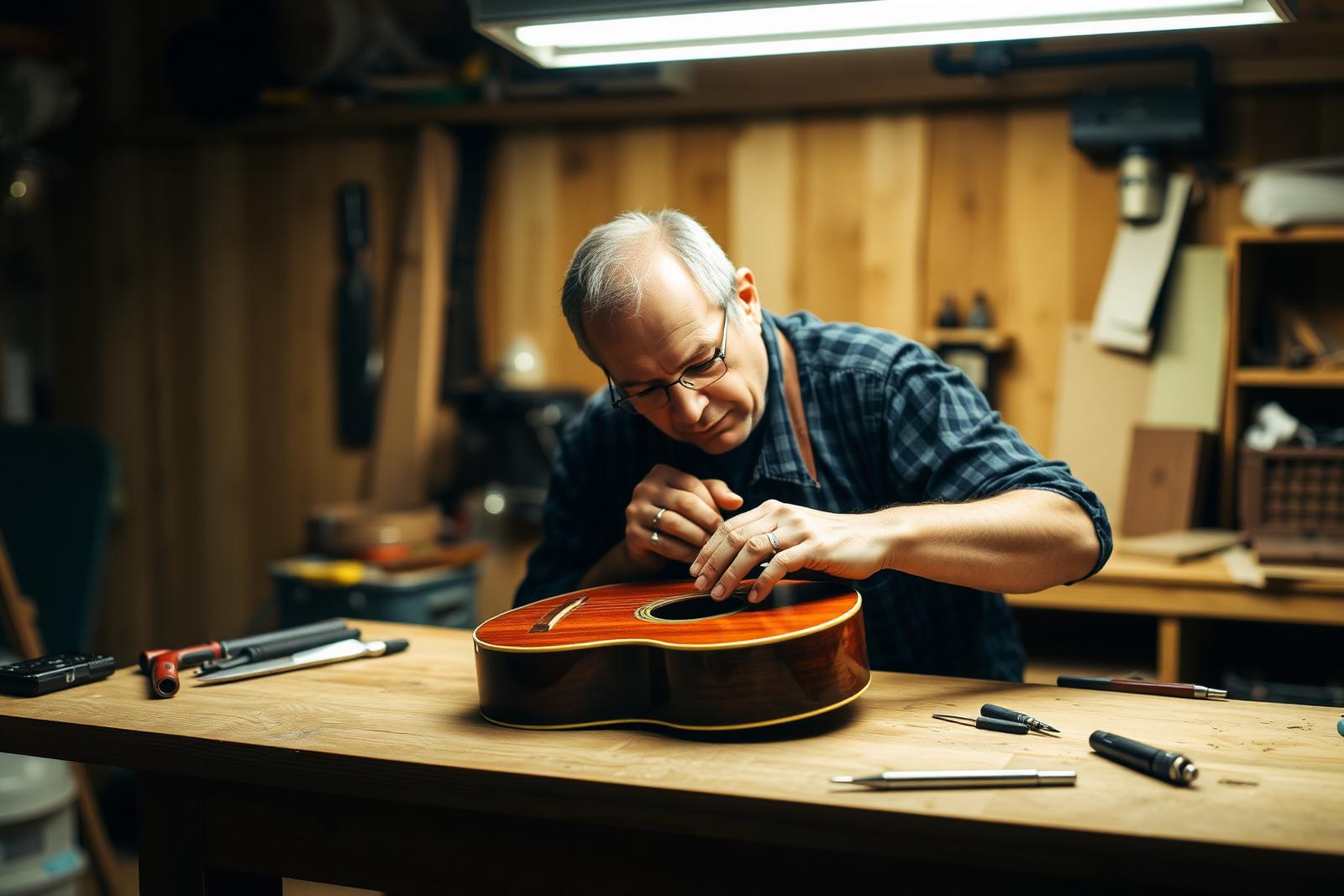 Luthier repairing an acoustic guitar at the workshop bench