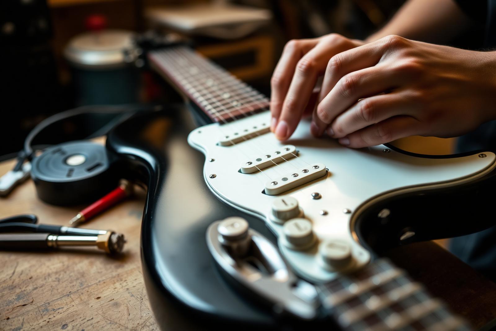 Guitar setup on the repair bench