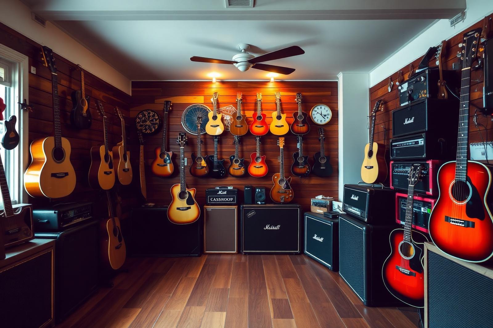 Warm, well-stocked music shop interior with guitars and amps